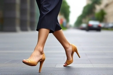 Woman walking comfortably in stylish heels on a city street.