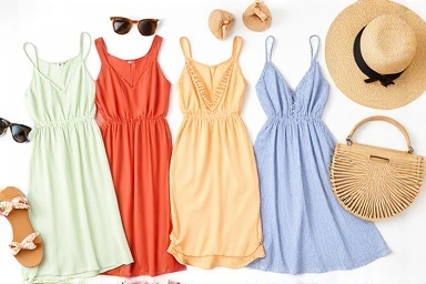 Flat lay of summer cutout dresses and accessories.