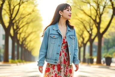 Woman wearing denim jacket and floral dress in spring