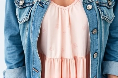 Close-up of denim jacket layered over chiffon dress