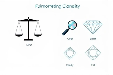 Symbolic infographic elements for diamond quality: scale, spectrum, magnifying glass, pattern.