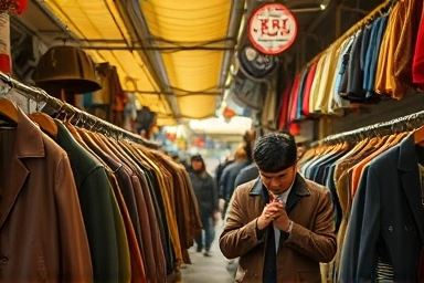 Bustling Korean vintage market with shopper examining leather jacket.