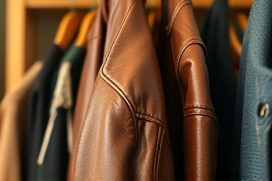 Close-up of vintage brown leather jacket texture and craftsmanship.