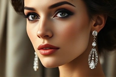 Elegant woman wearing drop earrings, framing her face.