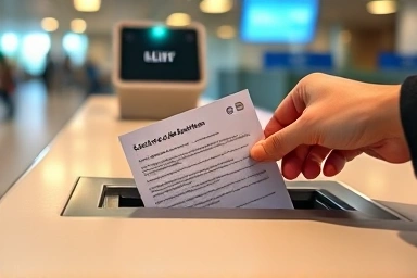 Submitting customs declaration form at airport for duty-free items.