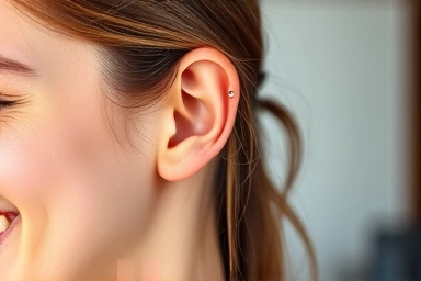 Woman with stylish ear piercings, smiling confidently.