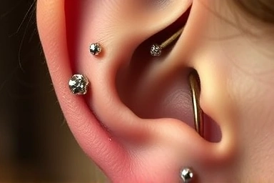 Close-up of a stylish ear with multiple piercings.