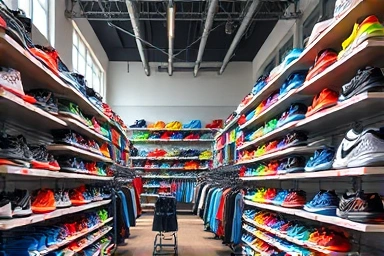Nike factory store interior with shoes and apparel.