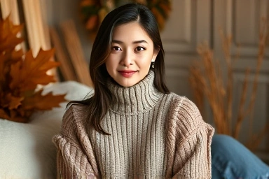 Woman in muted tone knit sweater, effortlessly chic style.