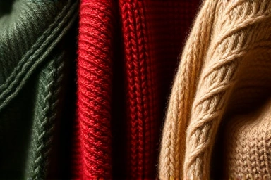 Textured muted tone knit sweaters in fall colors.