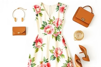 Fashion flat lay with floral dress and elegant accessories.