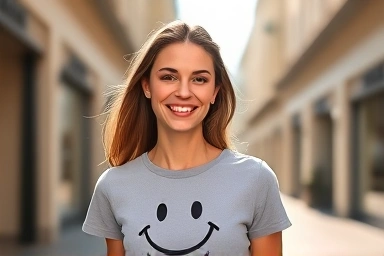 Stylish woman wearing Ganni smiley t-shirt, happy expression, urban street.