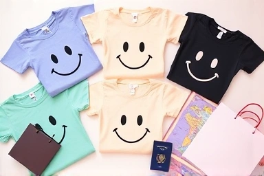 Flat lay of Ganni smiley t-shirts, passport, shopping bag, sunglasses.