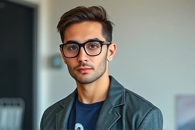 Stylish person with intellectual glasses, modern minimalist setting.