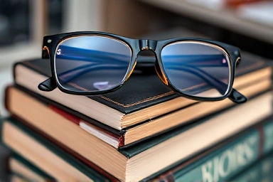 Close-up of stylish geek-chic eyeglasses on books.