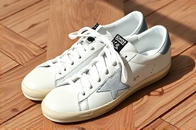 Golden Goose Superstar sneakers on a wooden surface.