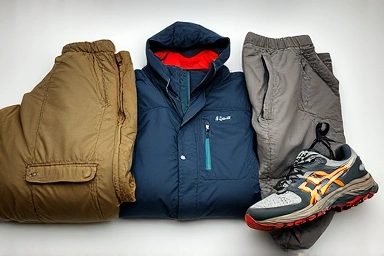 Gorpcore clothing details: technical fabrics and brand logos