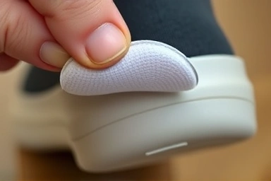 Applying a discreet heel pad inside a shoe for blister prevention.