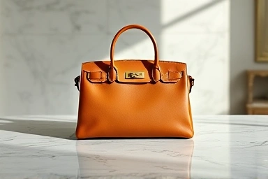 Luxurious Hermes H-logo handbag on marble surface.