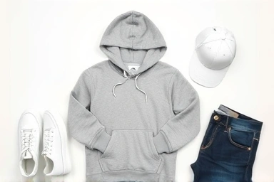 Flat lay of men's hoodie outfit essentials