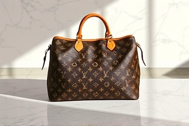 Elegant Louis Vuitton Speedy Azur handbag on marble.