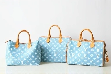 Collection of Louis Vuitton Speedy Azur bags in different sizes.