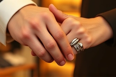 Elegant designer couple rings on intertwined hands