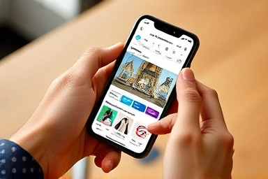 Hands holding smartphone with luxury fashion shopping interface.