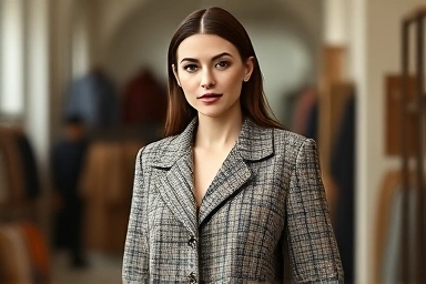 Woman wearing a classic Maje tweed jacket in a stylish setting.