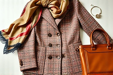Close-up of Maje tweed jacket details and complementary accessories.