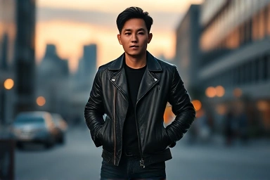 Stylish man wearing black leather biker jacket