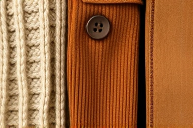 Texture details of men's fall clothing in beige and brown.