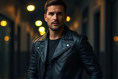 Man wearing a black leather biker jacket in an urban setting.