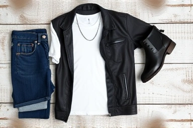 Flat lay of men's leather jacket styling essentials and accessories.
