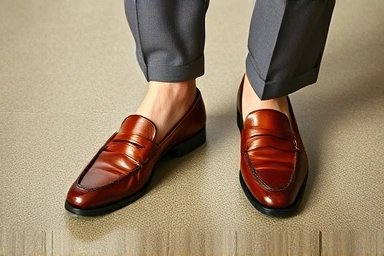Stylish brown leather penny loafers on a sophisticated surface.