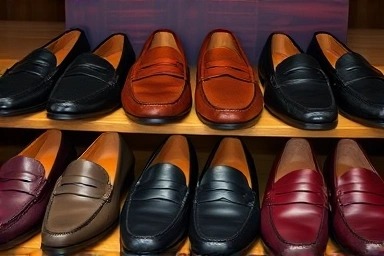 Assortment of men's penny loafers in different styles and materials.