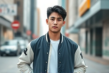 Young Korean man wearing a stylish varsity jacket outdoors.