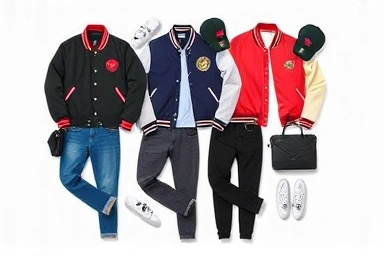 Flat lay of varsity jackets and styling accessories.