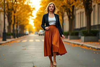 Woman wearing elegant midi skirt outfit on autumn street