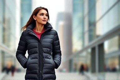 Stylish woman wearing a Moncler down jacket in city