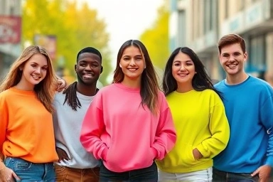 Stylish people wearing colorful neon sweatshirts on a city street.