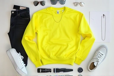 Flat lay of neon sweatshirt with stylish outfit components.