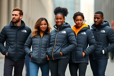 Diverse body types wearing North Face Nuptse jackets