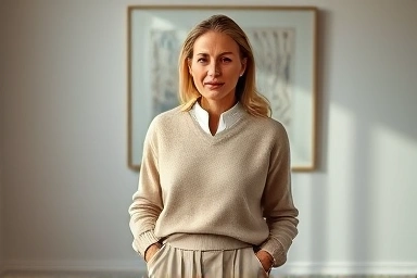 Elegant woman in sophisticated, logo-free old money style attire.