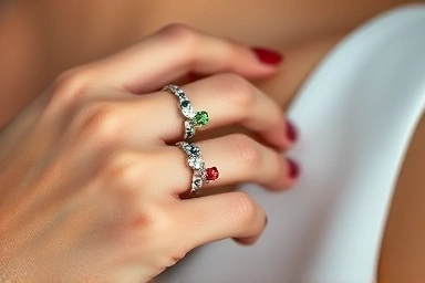 Layered Pandora birthstone rings on a woman's hand.