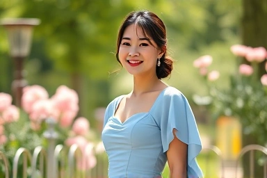 Woman in pastel blue dress in garden