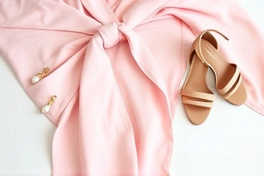 Pastel dress accessories: pearls, gold bracelet, nude heels