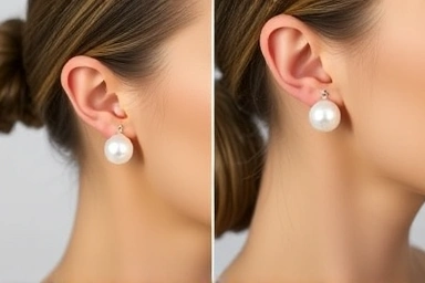 Comparison of 8mm and 10mm pearl earrings on models.