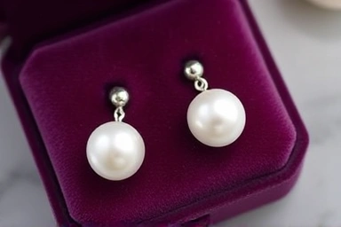 Close-up of 8mm and 10mm pearl earrings on velvet.