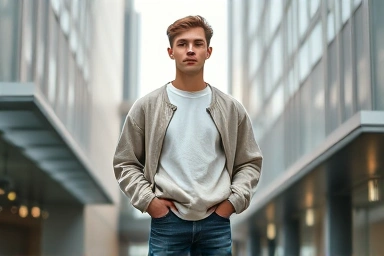 Man in oversized plain sweatshirt, effortlessly stylish casual outfit.